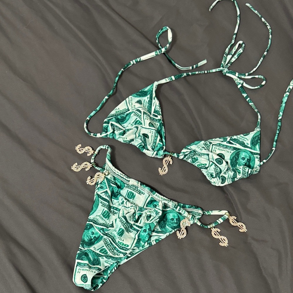 Fashion Nova Teal Dollar Print Bikini